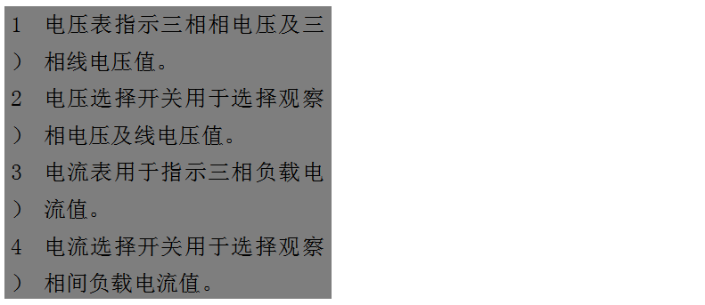文本框: 1）	電壓表指示三相相電壓及三相線電壓值。
2）	電壓選擇開關(guān)用于選擇觀察相電壓及線電壓值。
3）	電流表用于指示三相負(fù)載電流值。
4）	電流選擇開關(guān)用于選擇觀察相間負(fù)載電流值。
5）	運(yùn)行時間表用于指示柴油發(fā)電機(jī)組的累計運(yùn)行時間。
6）	機(jī)油壓力表用于指示機(jī)組運(yùn)行時的機(jī)油壓讀數(shù)。
7）	水溫表用于指示冷卻液溫度數(shù)值。
8）	頻率/轉(zhuǎn)速表用于指示輸出電力的頻率和機(jī)組的轉(zhuǎn)速。
9）	電池電壓表用于指示電池的充電電壓。

